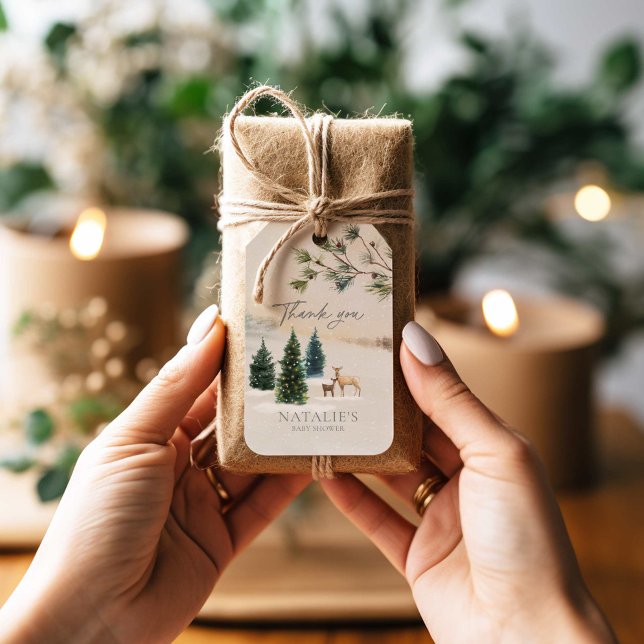 Elegant Winter Woodland Baby Shower Presentetikett (Winter Woodland Baby Shower Thank you Favor Tag)