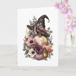 Elegant Witch Hat with Floral Pumpkins Kort