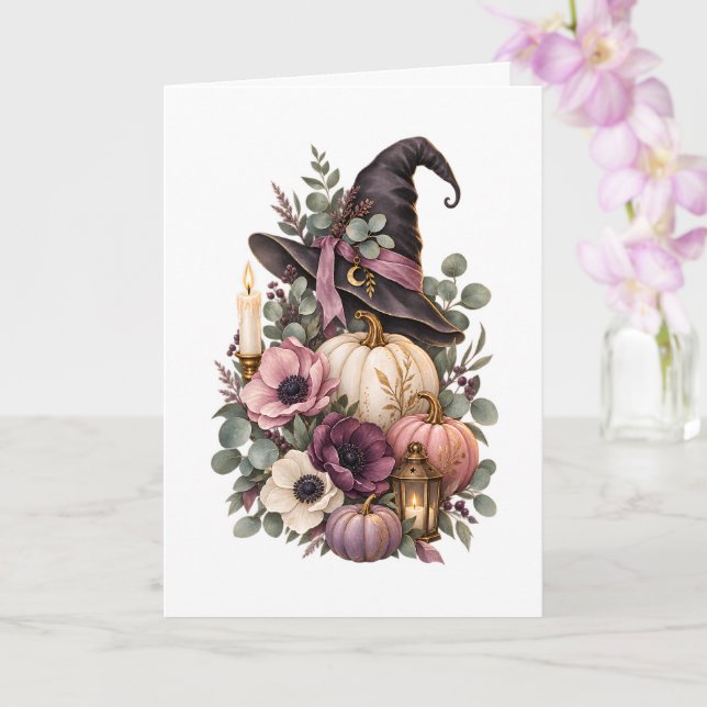 Elegant Witch Hat with Floral Pumpkins Kort (Orkide)