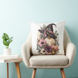 Elegant Witch Hat with Floral Pumpkins Kudde
