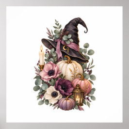 Elegant Witch Hat with Floral Pumpkins Poster