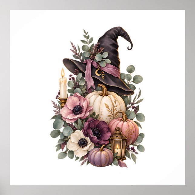 Elegant Witch Hat with Floral Pumpkins Poster (Framsidan)