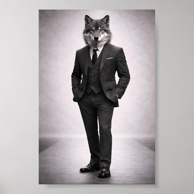 Elegant Wolf i Klassisk Kostym Porträtt Poster (Framsidan)