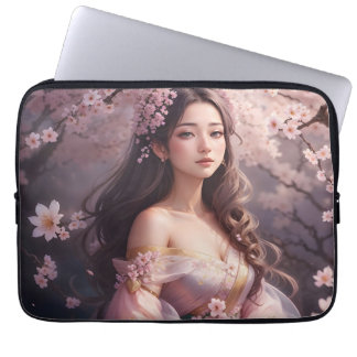 Elegant Woman Amidst Blooming Cherry Blosso Laptop Fodral