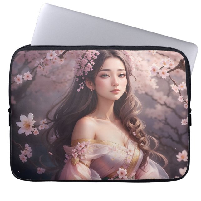 Elegant Woman Amidst Blooming Cherry Blosso Laptop Fodral (Framsidan)