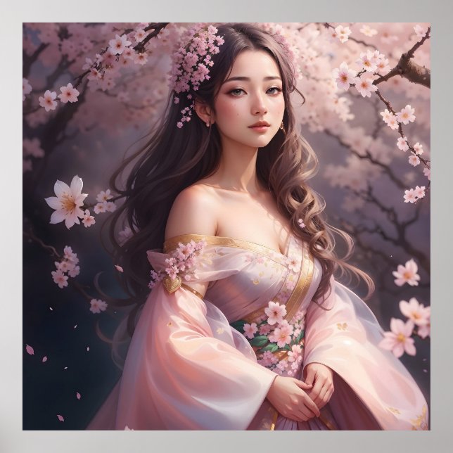 Elegant Woman Amidst Blooming Cherry Blosso Poster (Framsidan)