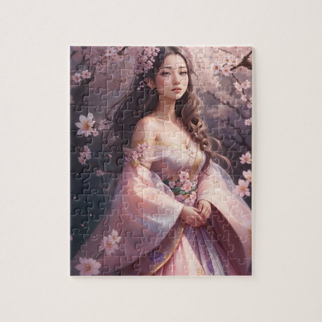 Elegant Woman Amidst Blooming Cherry Blosso Pussel (Vertikal)