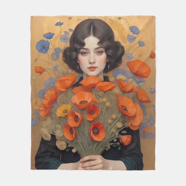 Elegant Woman Holding Bouquet of Poppy Flowers Fleecefilt (Framsidan)