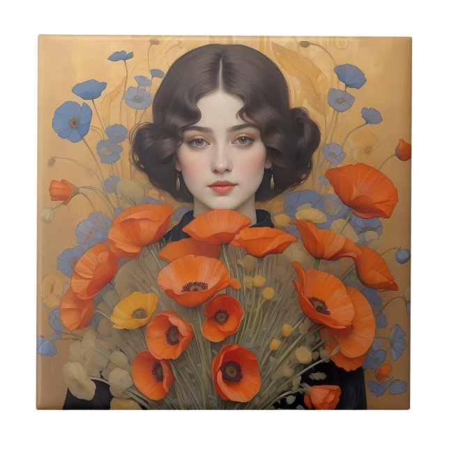 Elegant Woman Holding Bouquet of Poppy Flowers Kakelplatta (Framsidan)
