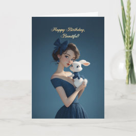 Elegant Woman in Midnight Blue w/ Bunny Birthday Kort