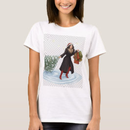 Elegant Woman in Santa Hat Pulling Christmas Tree  T Shirt