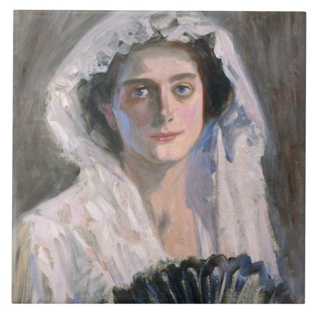 Elegant Woman med Black Fläkt (Fujishima Takeji) Kakelplatta (Framsidan)