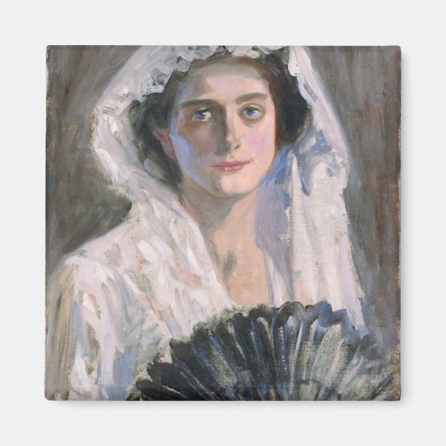 Elegant Woman med Black Fläkt (Fujishima Takeji) Magnet (Framsidan)