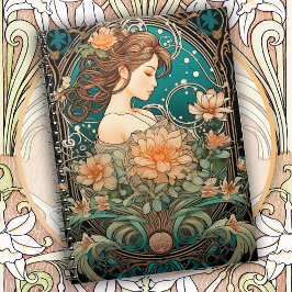 Elegant Woman with Flowing Hair and Soft Flowers Anteckningsbok
