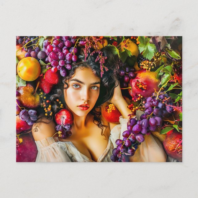 Elegant woman with pomegranate grapes and floral c vykort (Framsida)