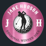 Elegant Women Golfer Design Round Stick Runt Klistermärke<br><div class="desc">Eleganten Golf Monogram Design från Edward Eksi med minimal Anpassningsbar. Enkel modifiering av INITIALER och TEXTS efter dina behov.</div>