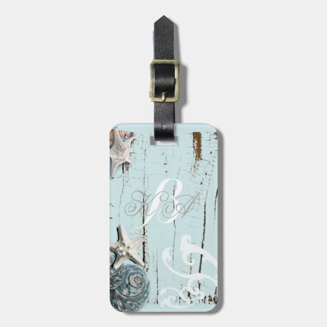 Elegant wood BLue Seashells Beach Wedding Bagagebricka (Vertikal Framsida)