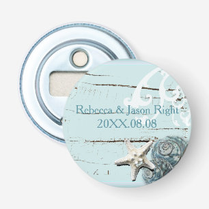 Elegant wood BLue Seashells Beach Wedding Flasköppnare
