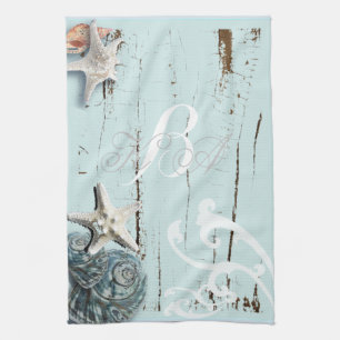 Elegant wood BLue Seashells Beach Wedding Kökshandduk