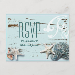 Elegant wood BLue Seashells Beach Wedding osa Inbjudan Vykort