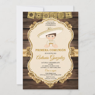 Elegant Wood Little Cute Boy Primera Comunión Guld Inbjudningar