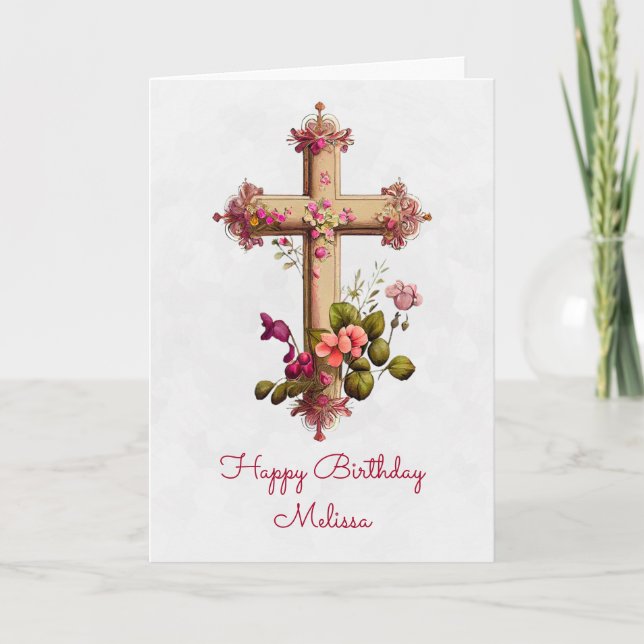 Elegant Wooden Kor med Rosa Flowers Birthday Kort (Framsida)
