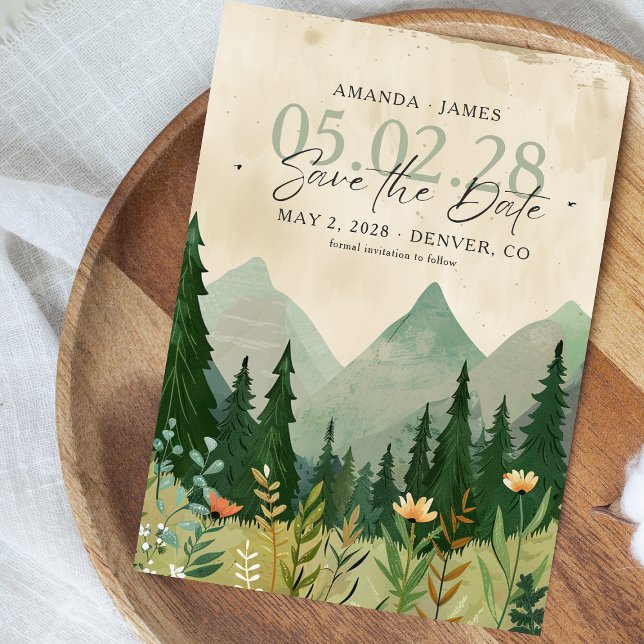 Elegant Woodland and Mountain Spara datum Inbjudningar (Elegant woodland-themed wedding save the date card featuring pine trees and mountains )
