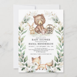 Elegant Woodland Animals Baby Shower Greenery Guld Inbjudningar