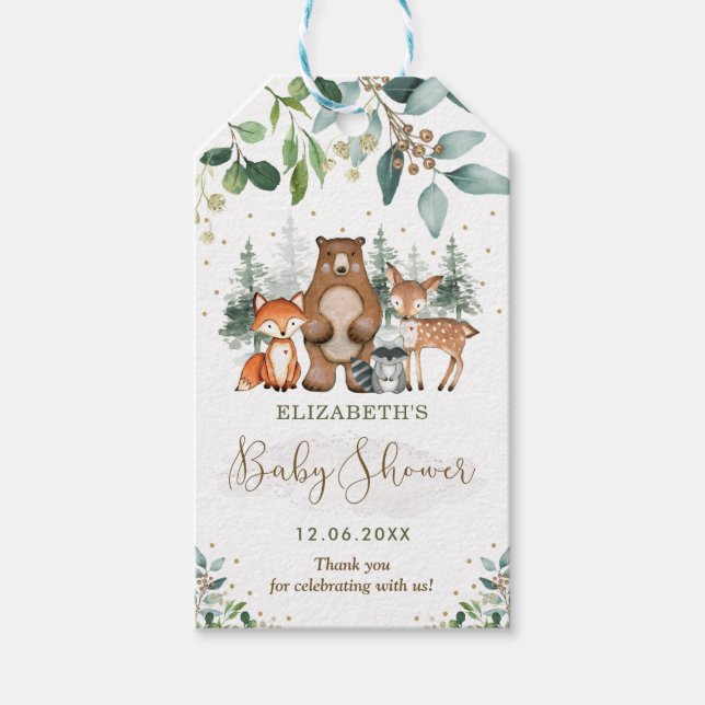 Elegant Woodland Animals Forest Baby Shower Favor Presentetikett (Framsidan)