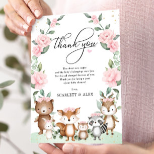Elegant Woodland Animals Rosa  Blommigten Baby Tack Kort
