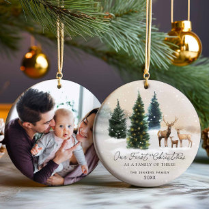 Elegant Woodland Family of Tre Photo jul Julgransprydnad Keramik