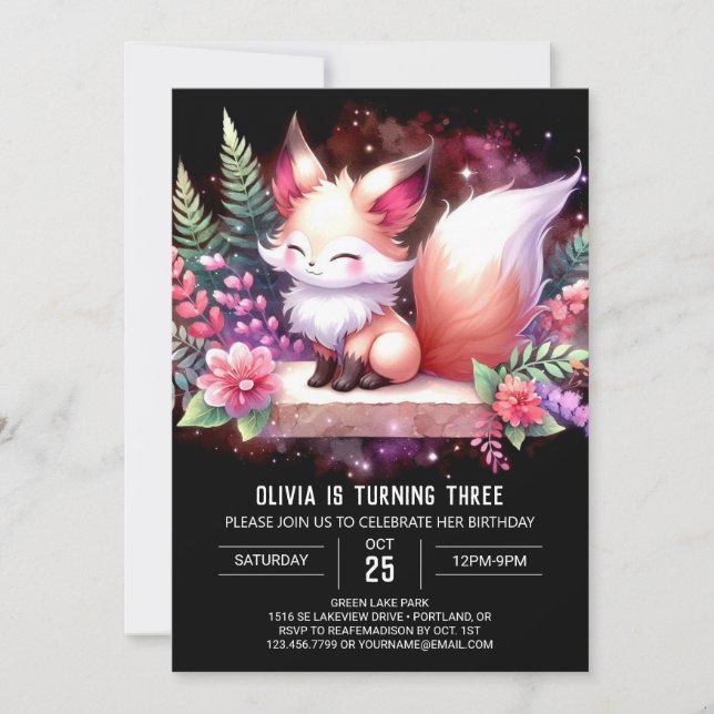 Elegant Woodland Fox Birthday digital Inbjudningar (Framsida)