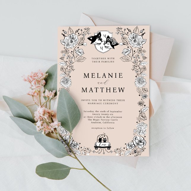 Elegant Woodland Fox Blommigt Sketch Fairytale Inbjudningar (Elegant Woodland Fox Floral Sketch Fairytale Invitation)