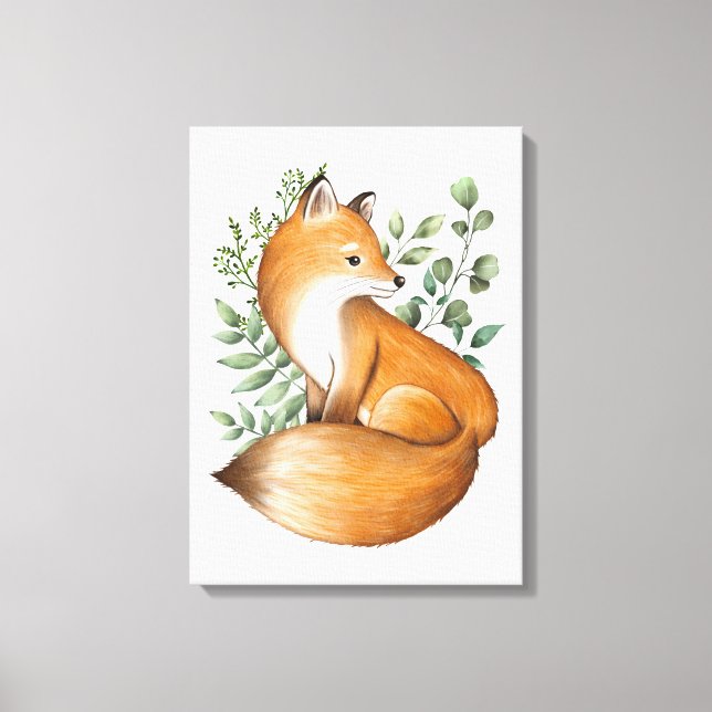 Elegant Woodland Fox Botanical Greenery Lövs Canvastryck (Framsida)