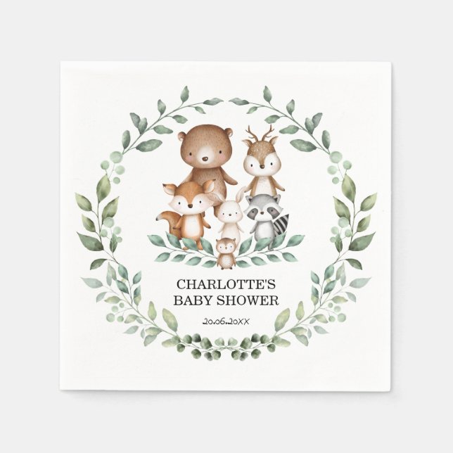 Elegant Woodland Greenery Animal Coed Baby Shower Pappersservett (Framsidan)