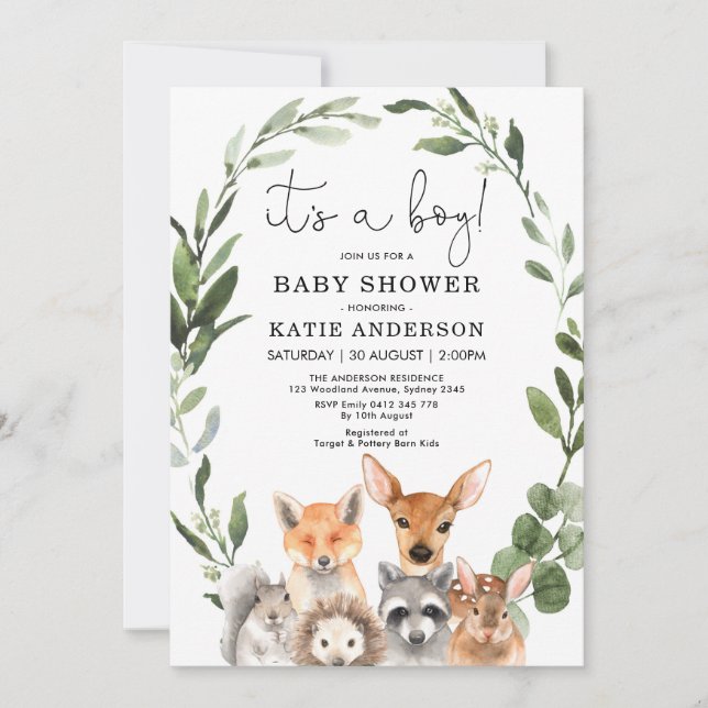 Elegant Woodland Greenery Animals Baby Shower Inbjudningar (Framsida)