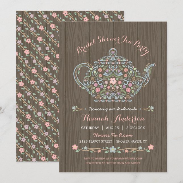 Elegant Woodland Tekanna Inbjudningskort för möhip (Fram/baksida)