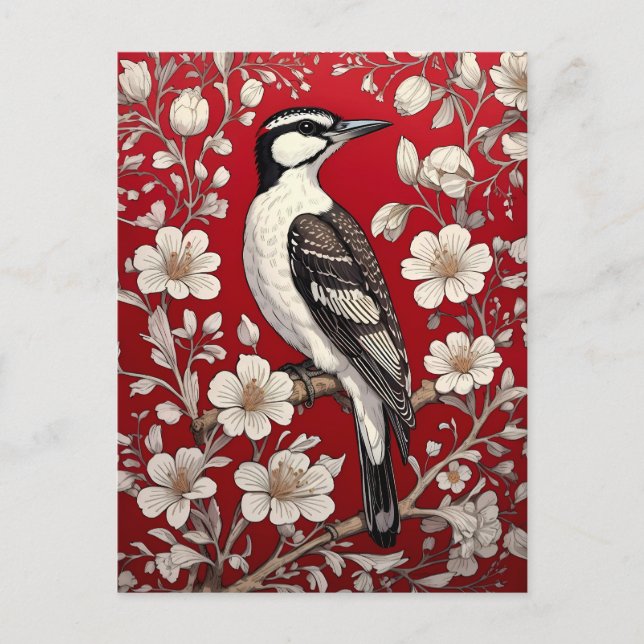 Elegant Woodpecker Blommigt William Morris Inspire Vykort (Framsida)
