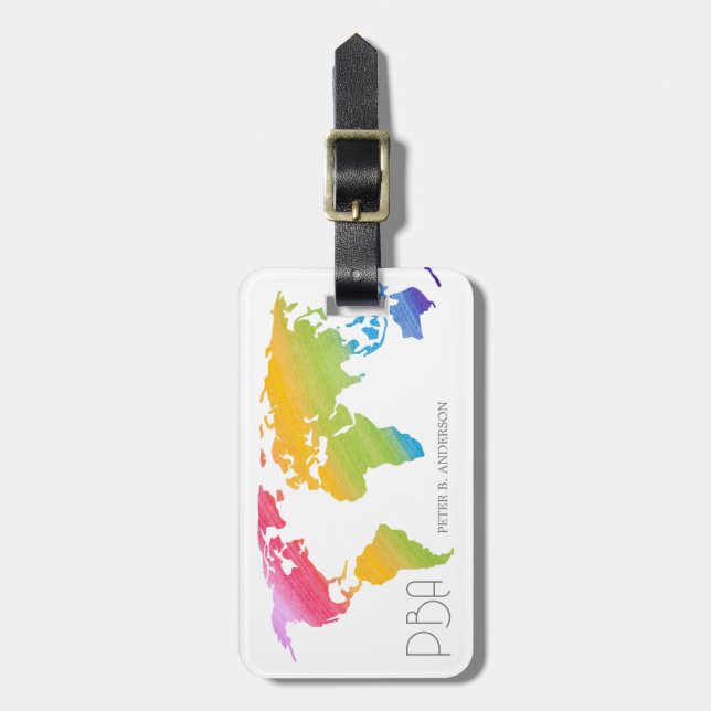 Elegant World Map Rainbow Pastel Monogrammed Namn Bagagebricka (Vertikal Framsida)