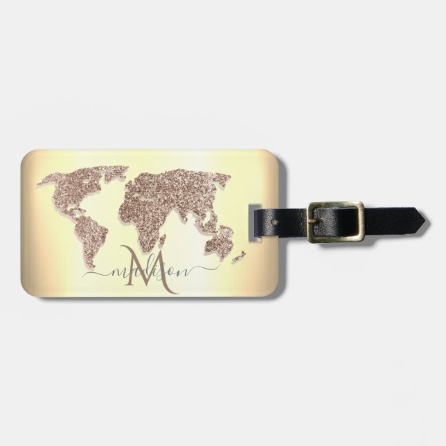 Elegant World Map Travel Monogram Bagagebricka (Horisontell Framsida)