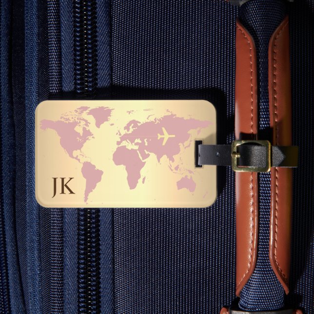 Elegant World Traveler Karta Monogrammed Namn Bagagebricka (Framsida Insitu 4)