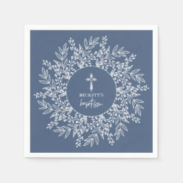 Elegant Wreath and Cross Blue Boy Baptism Pappersservett