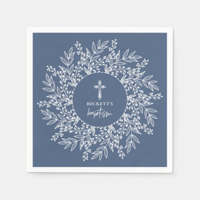 Elegant Wreath and Cross Blue Boy Baptism Pappersservett (Framsidan)