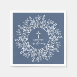 Elegant Wreath and Cross Blue Boy Christening Pappersservett
