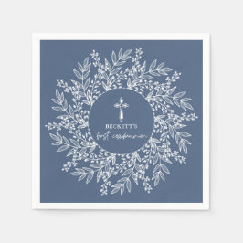 Elegant Wreath and Cross Blue Boy First Communion Pappersservett