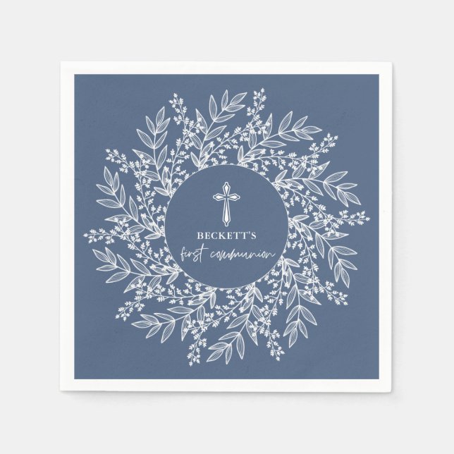 Elegant Wreath and Cross Blue Boy First Communion Pappersservett (Framsidan)