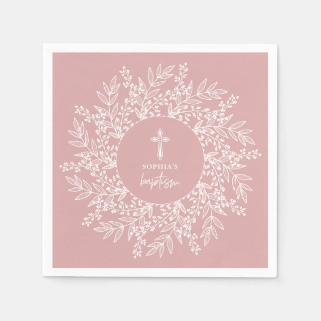 Elegant Wreath and Cross Pink Girl Baptism Pappersservett (Framsidan)