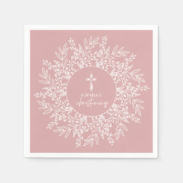 Elegant Wreath and Cross Pink Girl Christening Pappersservett