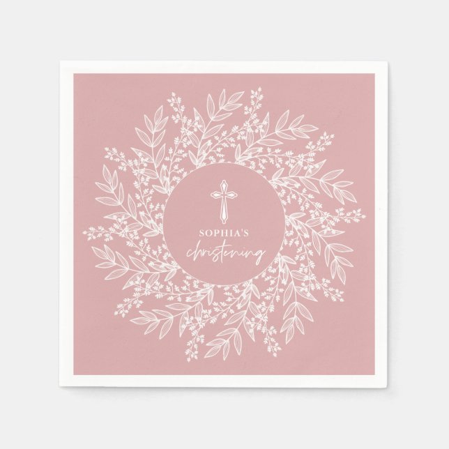 Elegant Wreath and Cross Pink Girl Christening Pappersservett (Framsidan)