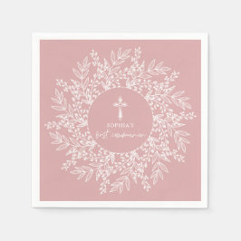 Elegant Wreath and Cross Pink Girl First Communion Pappersservett